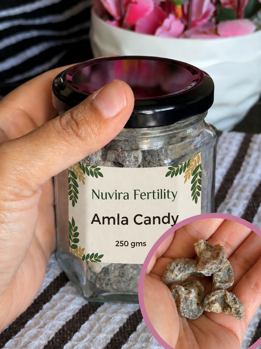 Hormone balancing amla candies in a glass jar